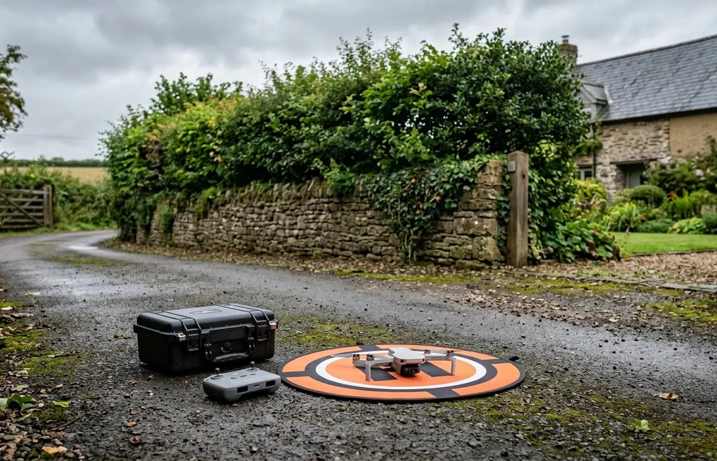 A drone on an orange landing mat on a farm track with two flight cases beside it, a hedgebank and a slate roofed building behind