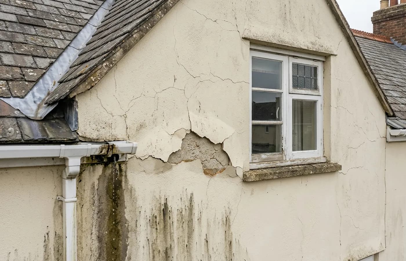 Aerial detail of a rendered upper elevation showing cracked render below a window cill and staining under a leaking gutter joint