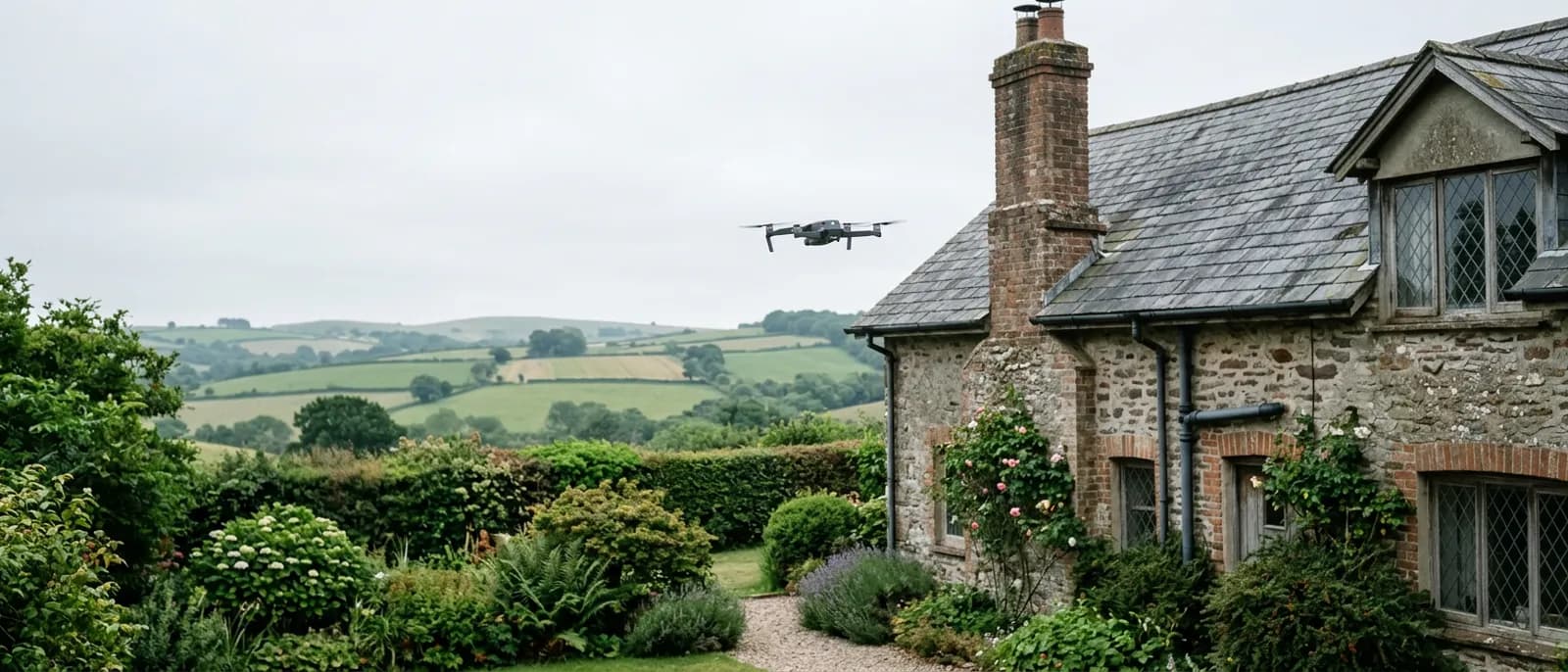 A small grey quadcopter hovering at ridge height beside a stone Devon cottage with a weathered slate roof and a tall chimney stack, garden and hedged farmland behind